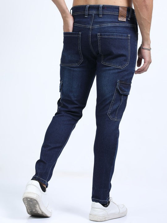 Navy Blue Slim Fit Woven Cargo Jeans - Mid Rise, 6 Pockets