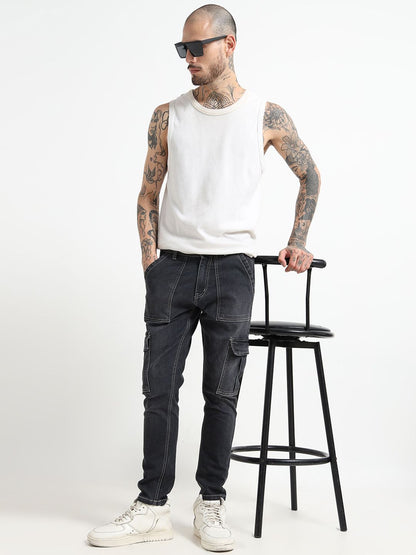 Grey Slim Fit Woven Cargo Pants for Men – Mid-Rise, 6 Pockets, Stretch Cotton