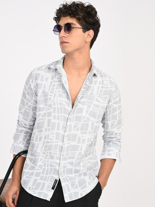 Men Abstract Printed Classic Blue & White Slim Fit Casual Shirt
