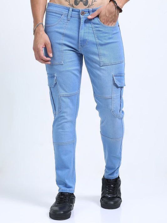 Men Blue Slim Fit Woven Cargo Jeans