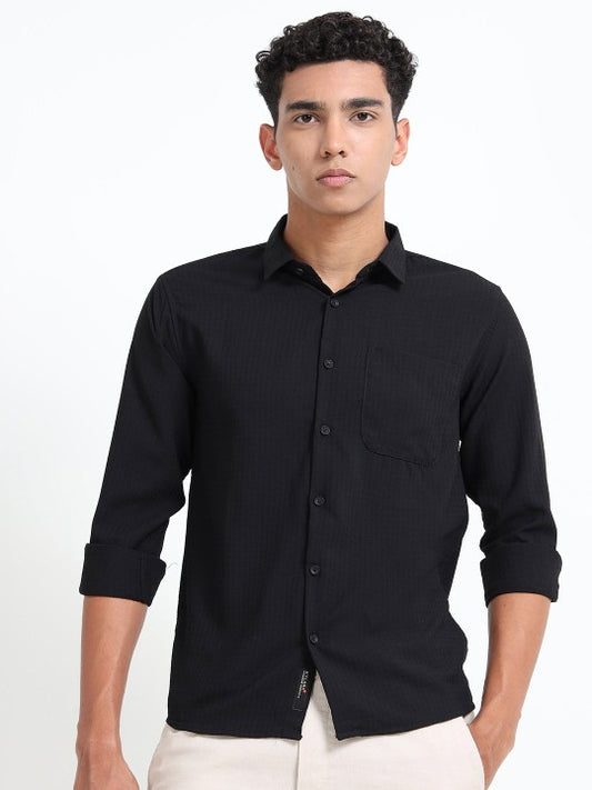 Men Black Textured Slim Fit Cotton Casual Shirt