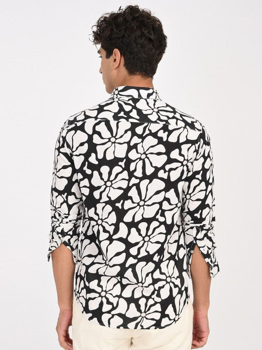 Men Black & White Abstract Printed Slim Fit Cotton Casual Shirt