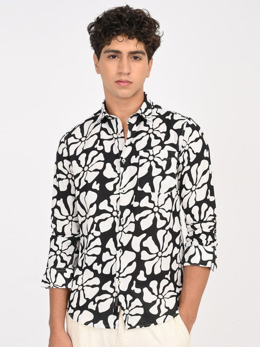 Men Black & White Abstract Printed Slim Fit Cotton Casual Shirt