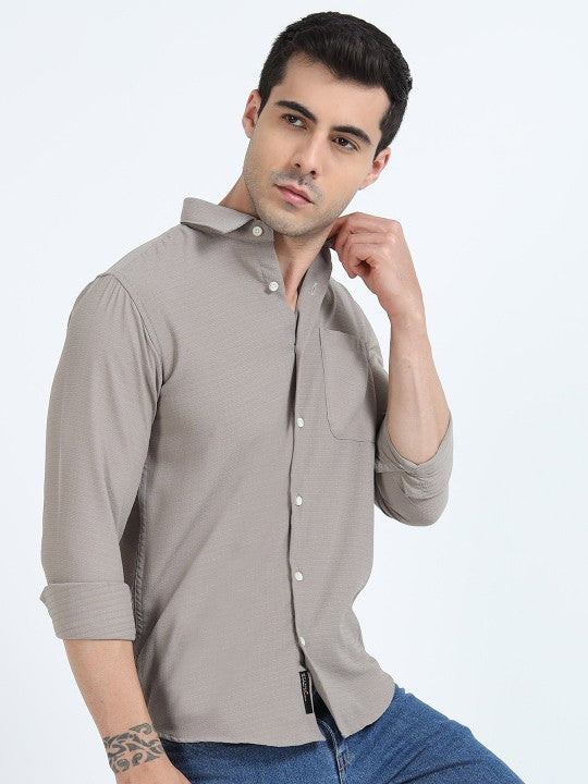 Beige Textured Slim Fit Cotton Casual Shirt for Men
