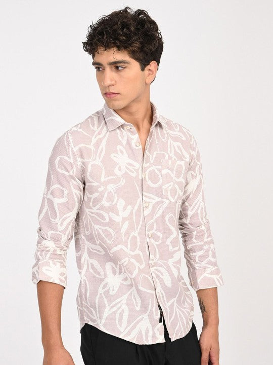 Men Pink & White Floral Printed Slim Fit Casual Shirt