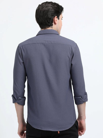 Grey Textured Slim Fit Cotton Casual Shirt for Men
