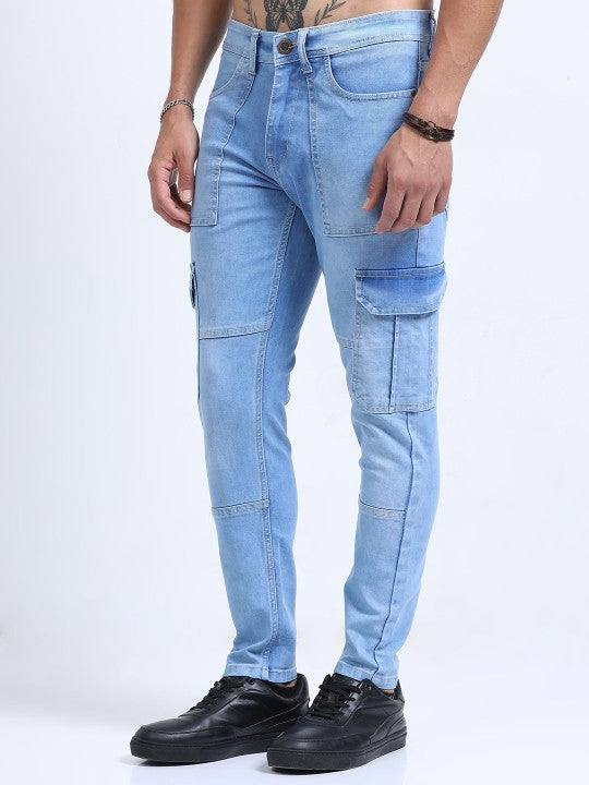 Men Blue Slim Fit Woven Cargo Jeans