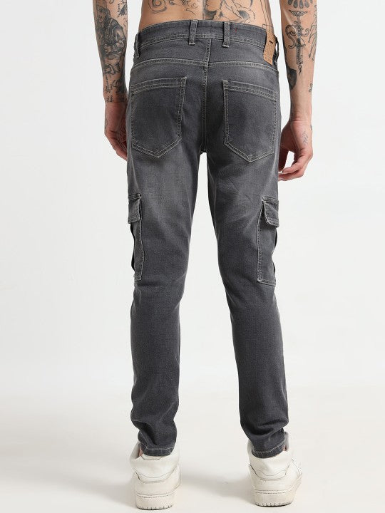 Grey Slim Fit Woven Cargo Pants for Men – Mid-Rise, 6 Pockets, Stretch Cotton