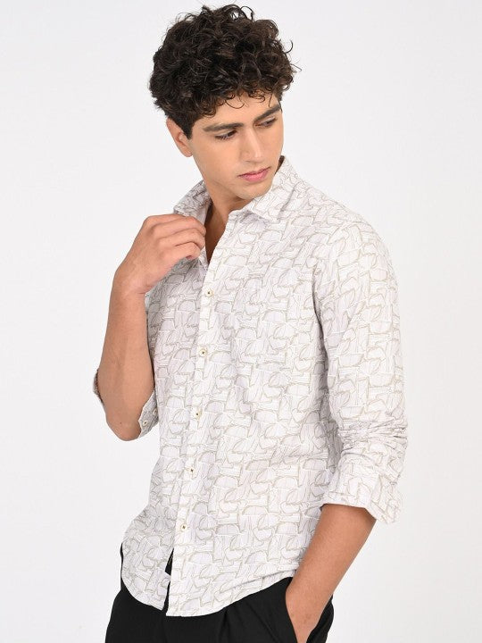 Men Beige & Brown Floral Printed Slim Fit Casual Shirt