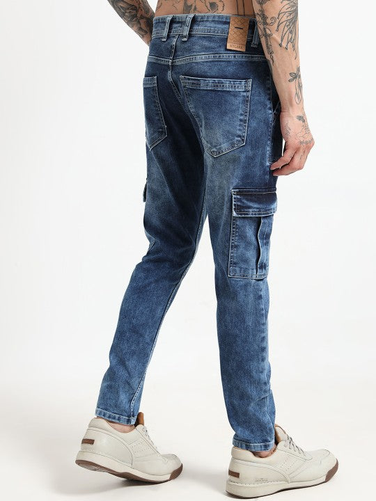 Men’s Blue Slim Fit Stretch Cargo Pants – 6 Pockets, Mid-Rise, Flat-Front