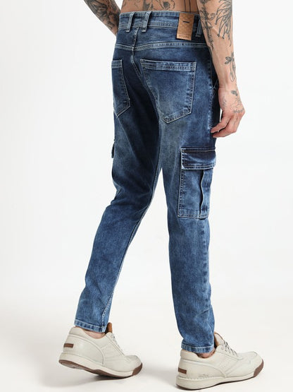Men’s Blue Slim Fit Stretch Cargo Pants – 6 Pockets, Mid-Rise, Flat-Front