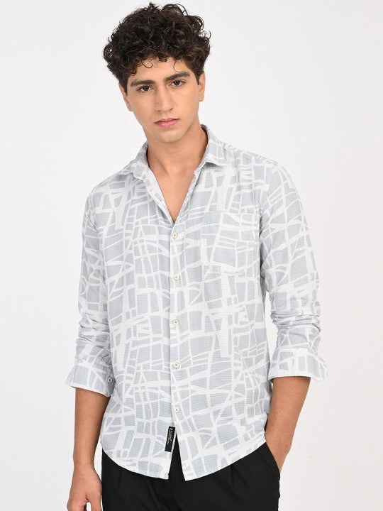 Men Abstract Printed Classic Blue & White Slim Fit Casual Shirt