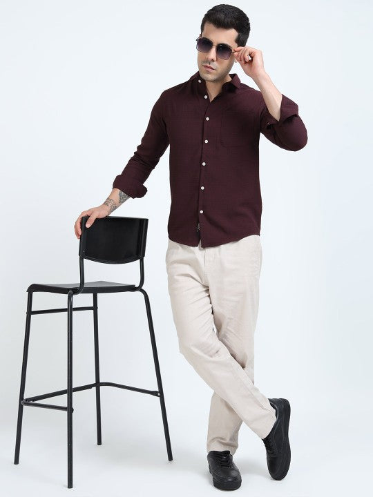 Maroon Textured Slim Fit Cotton Casual Shirt for Men