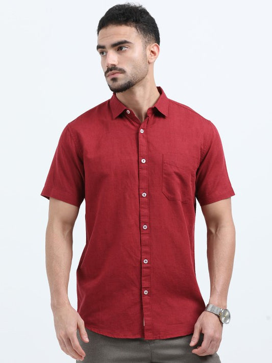 Men Red Slim Fit Linen Cotton Casual Shirt