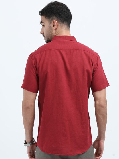 Men Red Slim Fit Linen Cotton Casual Shirt