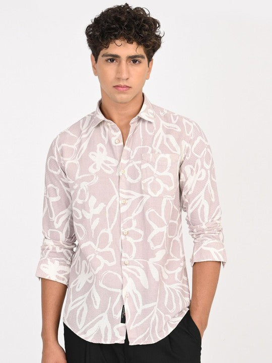 Men Pink & White Floral Printed Slim Fit Casual Shirt