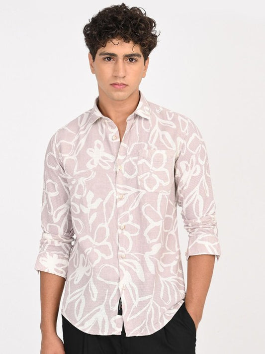Men Pink & White Floral Printed Slim Fit Casual Shirt