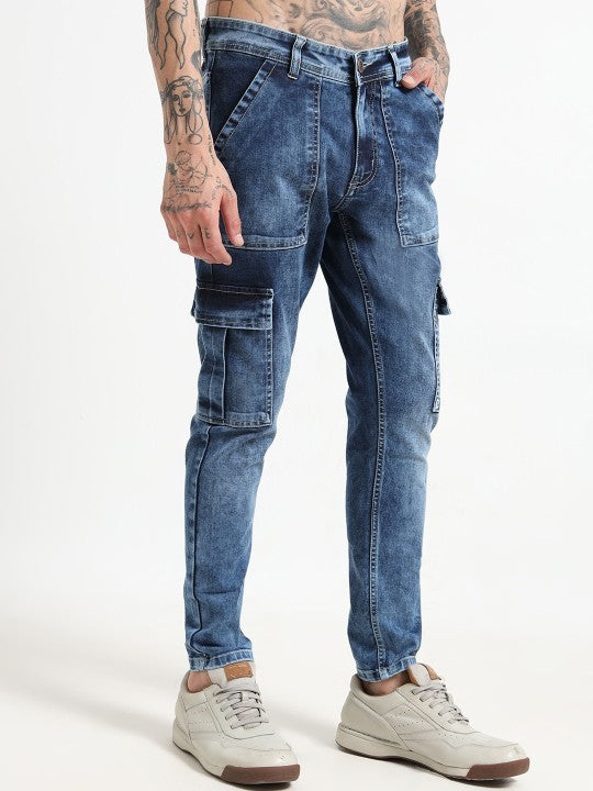 Men’s Blue Slim Fit Stretch Cargo Pants – 6 Pockets, Mid-Rise, Flat-Front