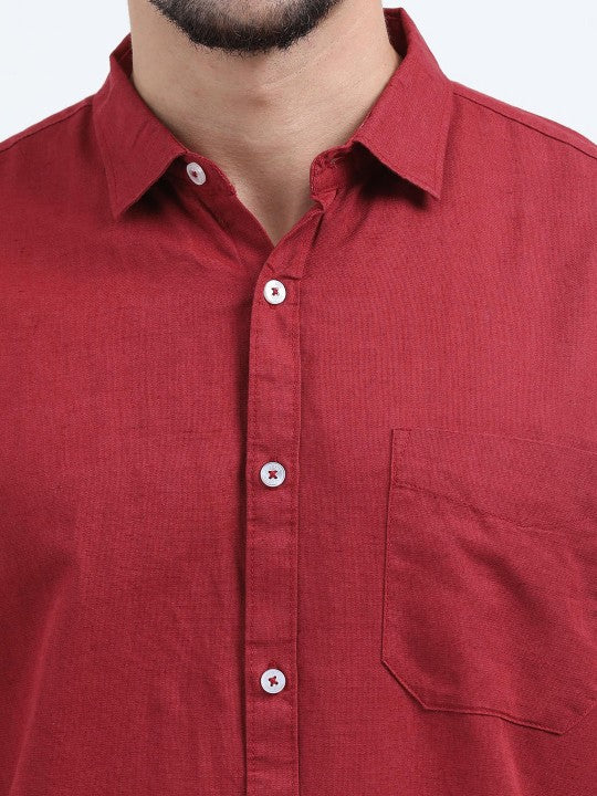 Men Red Slim Fit Linen Cotton Casual Shirt
