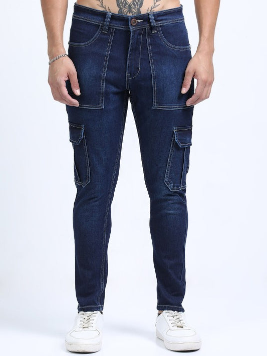 Navy Blue Slim Fit Woven Cargo Jeans - Mid Rise, 6 Pockets