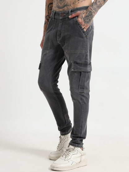 Grey Slim Fit Woven Cargo Pants for Men – Mid-Rise, 6 Pockets, Stretch Cotton