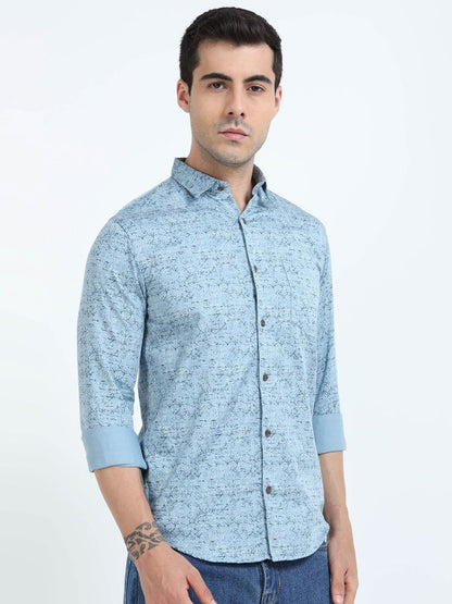 Men Blue Floral Printed Spread Collar Pure Cotton Shirt - Regular Fit
