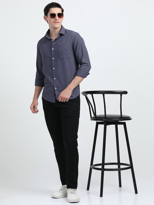 Grey Textured Slim Fit Cotton Casual Shirt for Men