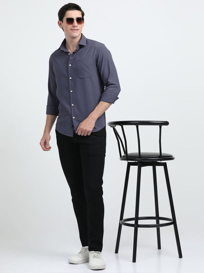Grey Textured Slim Fit Cotton Casual Shirt for Men